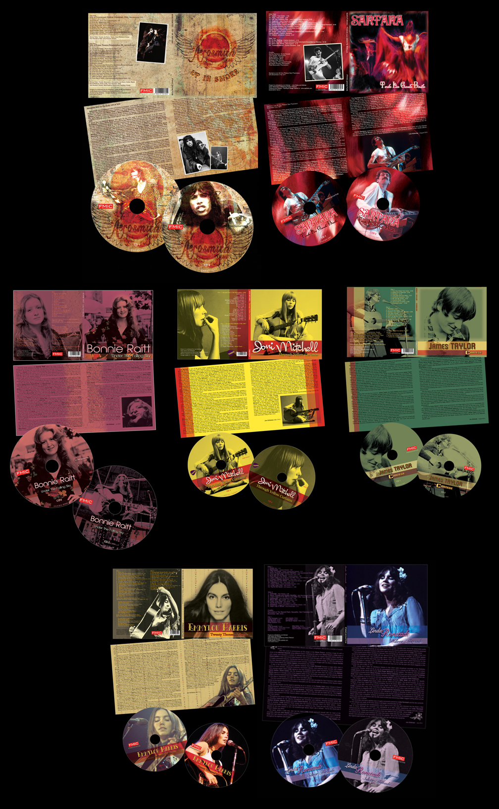 FMIC bonnie raitt emmylou harris joni mitchell james taylor aerosmith santana cd design by sophie lo